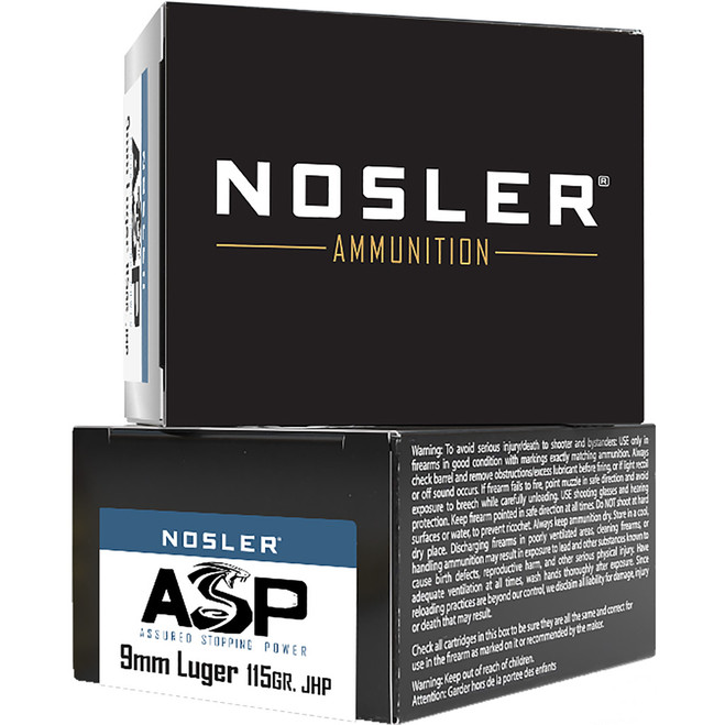 Nosler ASP Handgun Ammo 9mm 115 gr. HG JHP 20 rd. Nosler ASP Handgun Ammo 9mm 115 gr. HG JHP 20 rd.