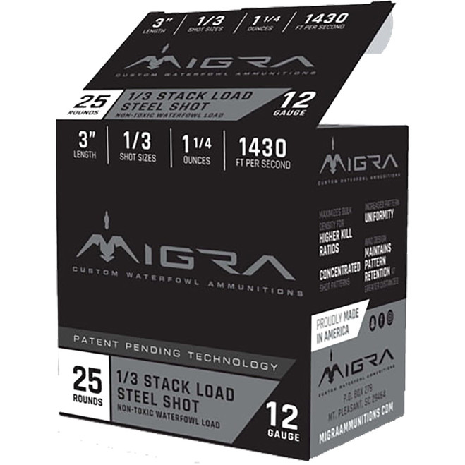 Migra Staxd Shotgun Ammo 12 ga. 3 in. 1.25 oz. 1-3 Shot 25 rd. Migra Staxd Shotgun Ammo 12 ga. 3 in. 1.25 oz. 1-3 Shot 25 rd.