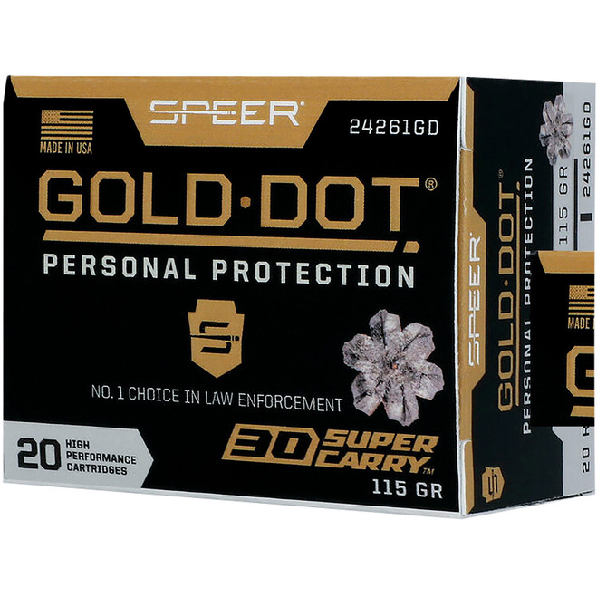 Speer Gold Dot Personal Protection Pistol Ammo 30 Super Carry 115 gr. Gold Dot HP 20 rd. Speer Gold Dot Personal Protection Pistol Ammo 30 Super Carry 115 gr. Gold Dot HP 20 rd.
