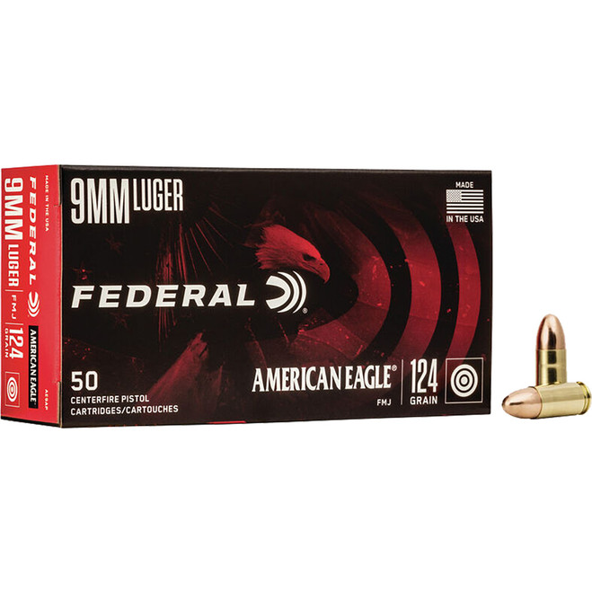 Federal American Eagle Pistol Ammo 9mm Luger 124 gr. FMJ 50 rd. Federal American Eagle Pistol Ammo 9mm Luger 124 gr. FMJ 50 rd.
