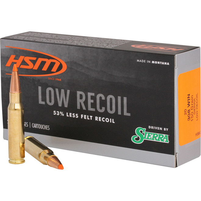 HSM Low Recoil Rifle Ammunition 308 Win. Sierra 150 gr. 20 rd. HSM Low Recoil Rifle Ammunition 308 Win. Sierra 150 gr. 20 rd.