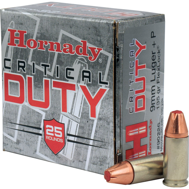 Hornady Critical Duty Pistol Ammo 9mm Luger +P 135 gr. FlexLock 25 rd. Hornady Critical Duty Pistol Ammo 9mm Luger +P 135 gr. FlexLock 25 rd.