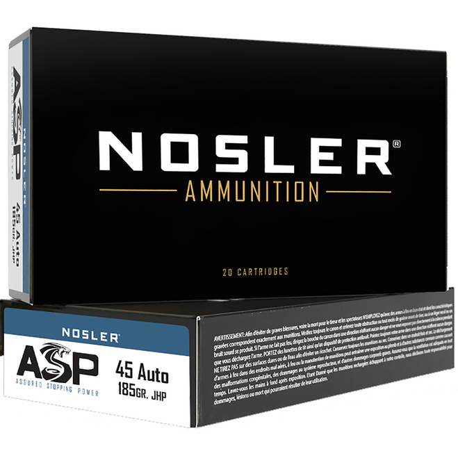 Nosler ASP Handgun Ammo 45 ACP 185 gr. HG JHP 20 rd. Nosler ASP Handgun Ammo 45 ACP 185 gr. HG JHP 20 rd.