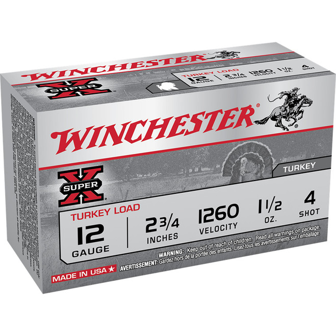 Winchester Super-X Magnum Turkey Load 12 ga. 2.75 in. 1 1/2 oz. 4 Shot 10 rd. Winchester Super-X Magnum Turkey Load 12 ga. 2.75 in. 1 1/2 oz. 4 Shot 10 rd.