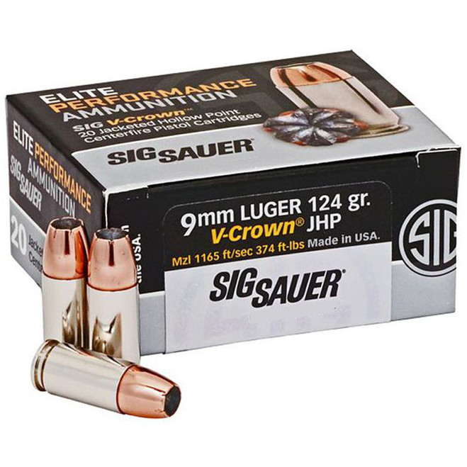 Sig Sauer Elite V-Crown Performance Pistol Ammo 9mm 124 gr. JHP 50 rd.