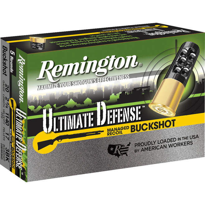 Remington Ultimate Defense Buckshot Loads 20 ga. 2.75 in. 17 Pellet 3 Buck 5 rd. Remington Ultimate Defense Buckshot Loads 20 ga. 2.75 in. 17 Pellet 3 Buck 5 rd.