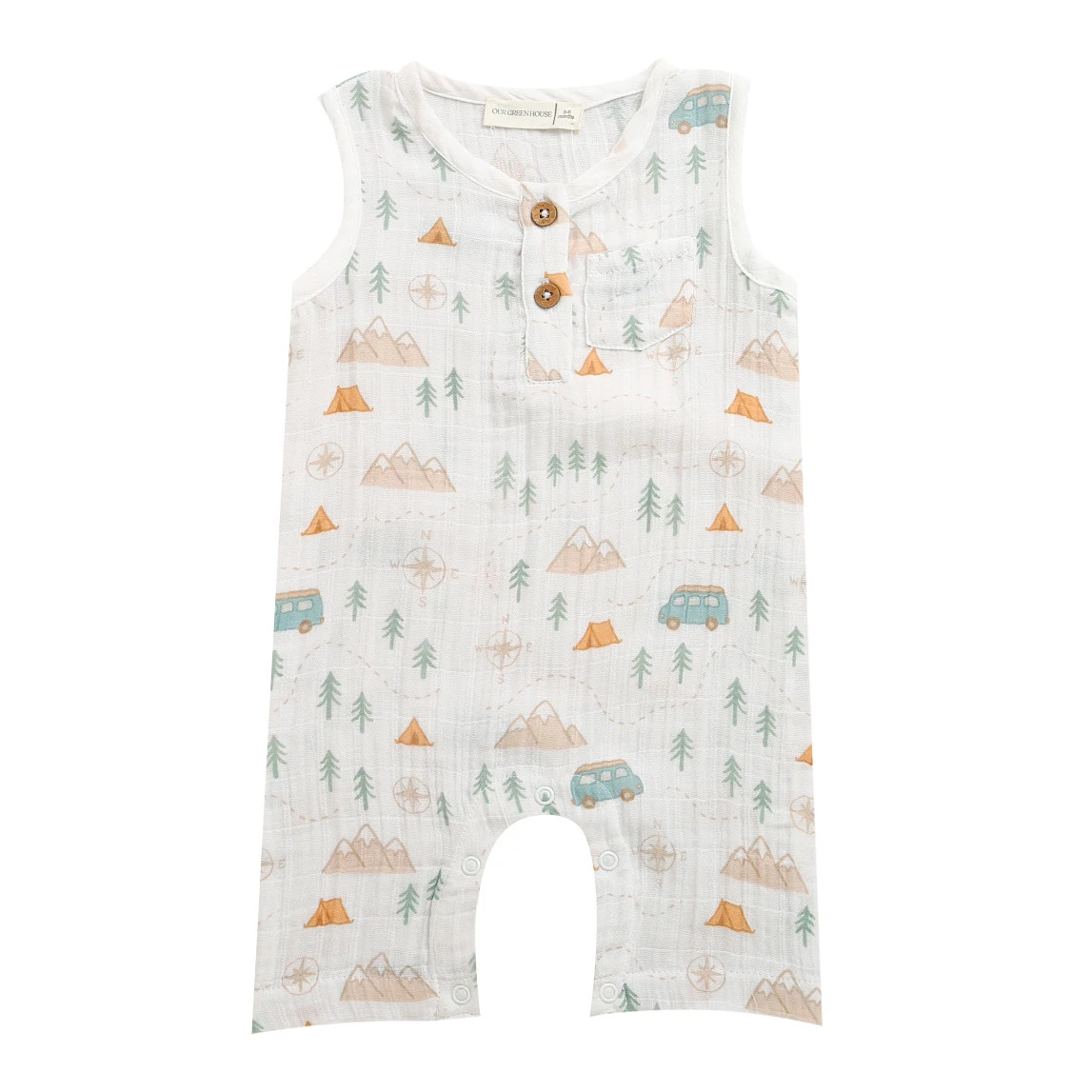 Organic Muslin Sleeveless Romper - Camping Print