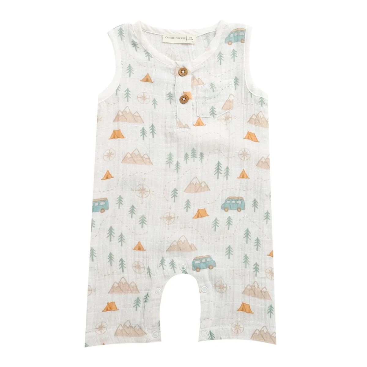 Organic Muslin Sleeveless Romper - Camping Print