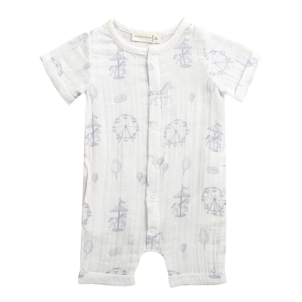 Organic Muslin Short Sleeve Romper - Carnival Print