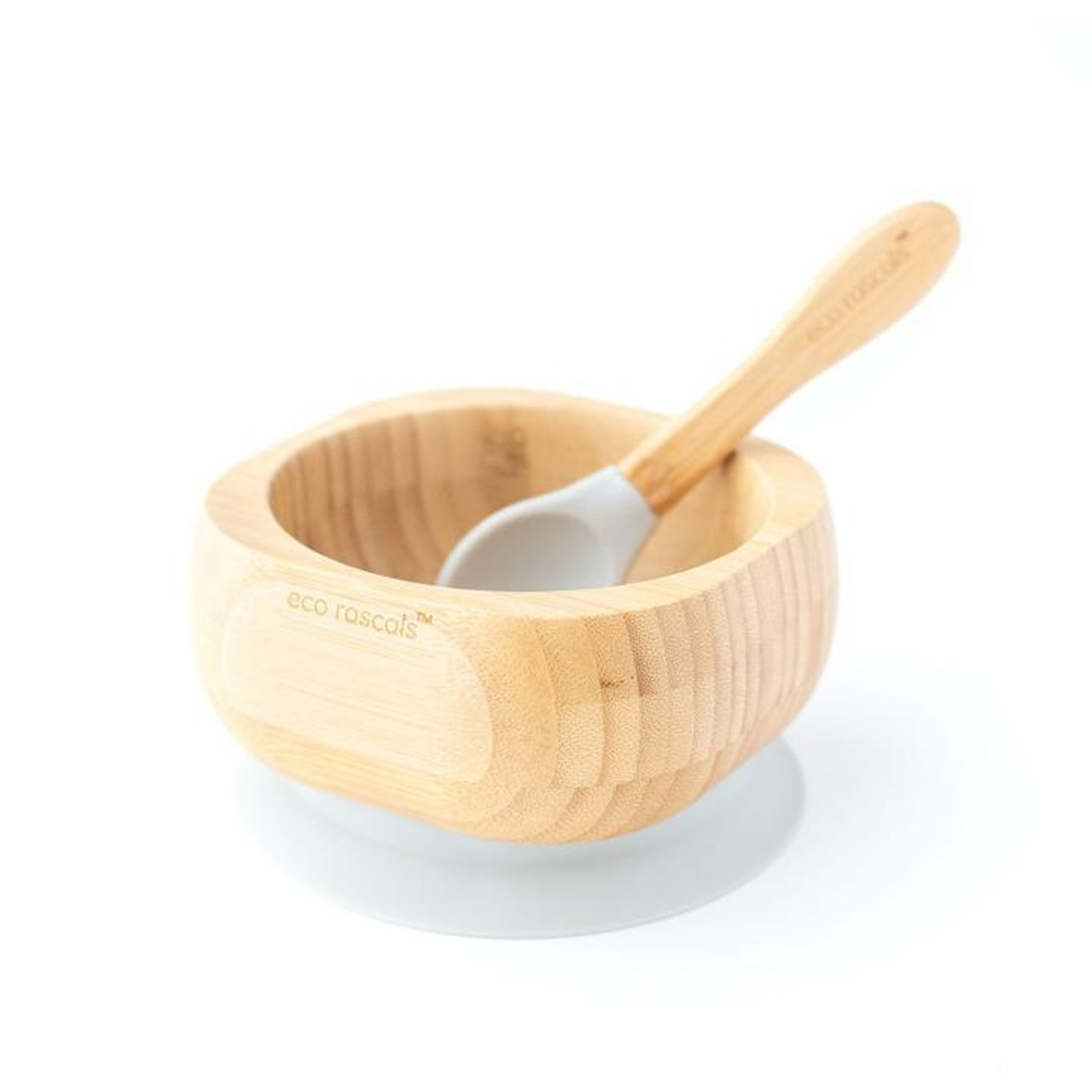 Bamboo Bowl and Spoon with Suction Base - Grey