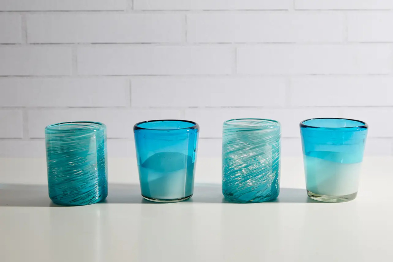Blue Beverage Glasses, Drinking Glasses, Set of 4, Teal Blue Glass