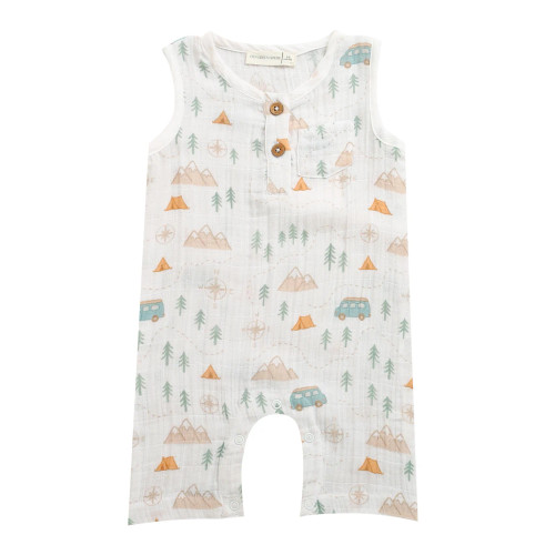 Organic Muslin Sleeveless Romper - Camping Print