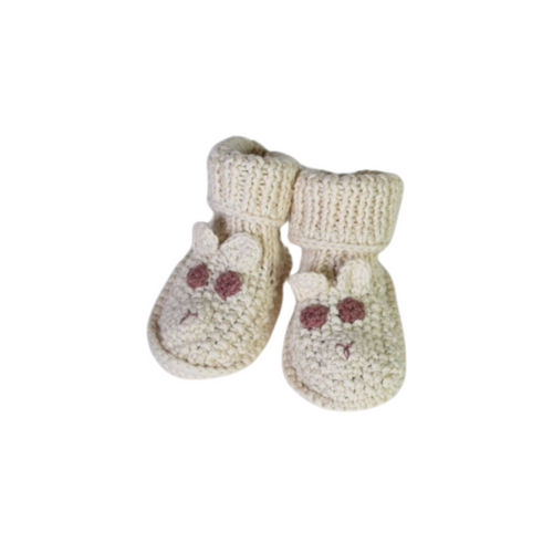 Organic Hand Knit Bear Booties - Pearl, 0-6m