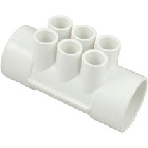 Manifold, 1/2" Slip, 6 Port, Flow Thru, 2" Slip x 2" Slip