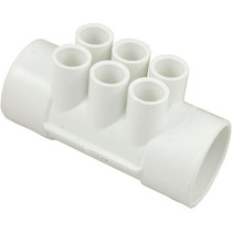 Manifold, 1/2" Slip, 6 Port, Flow Thru, 2" Slip x 2" Slip