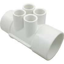 Manifold, 1/2" Slip, 4 Port, Flow Thru, 2" Slip x 2" Spigot