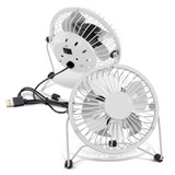 A small white desk fan with a USB connector, featuring a gridded front and a compact design.