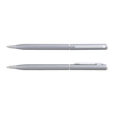 A metal pen in a sleek grey finish, featuring a clip and a clear section for branding.