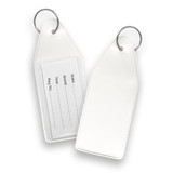 A white vinyl key tag with a keyring, featuring a blank area for writing information on both sides.
