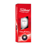 A red box of Titleist TruFeel golf balls with a visible white golf ball inside and a logo on the packaging.