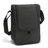 A black insulated picnic bag with a front zip closure and an adjustable shoulder strap. It has a simple design and a logo.