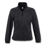 A black women's fleece jacket with a zip front and two side pockets, featuring a logo on the interior.
