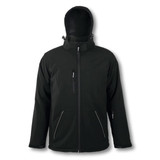 A black men's softshell jacket with a hood, featuring zipped pockets and a logo.