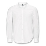 A white long sleeve button-up shirt with a collar and one logo on the chest.