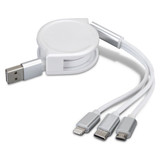 A retractable charging cable in white featuring USB, Lightning, and USB-C connectors. It includes a branding logo.