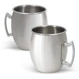 A drink mug set in stainless steel with a curved shape and a large handle, featuring a simple design.