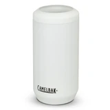 A drink bottle in white with a logo, designed as a can cooler, featuring a cylindrical shape.