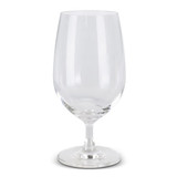 A clear, elegant beer glass with a stem and a wide bowl, showcasing a sleek design.