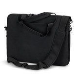 A black 2-in-1 laptop bag with adjustable straps and a sleek design, featuring a logo.
