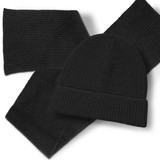 A black beanie and matching scarf set on a white background, featuring a textured ribbed design.