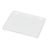 A clear vinyl ID holder featuring three top holes for attachment.