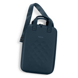 A dark teal laptop case with a textured surface, featuring a handle and adjustable shoulder strap, with a logo.