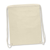 A beige cotton drawstring backpack with matching drawstrings and a logo.