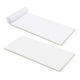 A vertical note pad with 25 white leaves, featuring an unrolled top and a stack of flat sheets. It has a logo on the design.