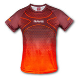 A custom women's performance t-shirt in shades of brown and orange, featuring a honeycomb pattern and a logo.