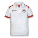 A white sports polo with orange accents and a logo on the chest, designed for kids.