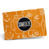 An orange full colour place mat featuring illustrations of fruit, vegetables, and a drink jar, with a logo.