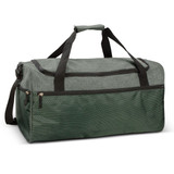 A green duffle bag with black accents, featuring adjustable straps and a zippered compartment. It has a logo.