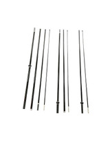 A collection of black banner poles of varying lengths arranged in a straight line, some with silver accents.