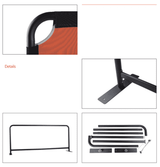 A promotional café barrier featuring a black frame and an orange fabric section, with various assembly components displayed.