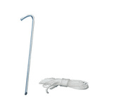 A metal tent peg with a hook end and a bundle of white rope.