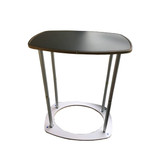 A promotional table with a black top and silver legs, featuring a circular base and a logo.