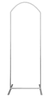 A H-shaped tension fabric display stand with a curved top, featuring a silver metal frame.