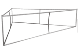 A triangular silver hanging frame with a metallic structure, designed for tension fabric displays.