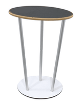 An oval table with a black top and wooden edge, supported by three silver legs and a white base.