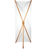 A bamboo X-banner stand with a white display fabric and a cross support design.